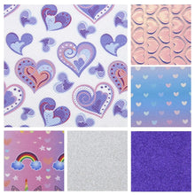 Load image into Gallery viewer, Purple Hearts & Unicorns Vegan Leather 6-Piece Set – Thematic Craft Material