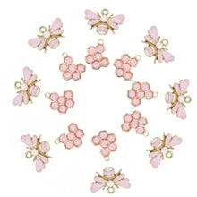 Load image into Gallery viewer, Pretty in Pink Bee & Honeycomb Pendant Charm Set – Set of 6 Sweet Accents for Crafts & Jewelry