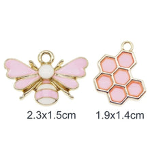 Load image into Gallery viewer, Pretty in Pink Bee & Honeycomb Pendant Charm Set – Set of 6 Sweet Accents for Crafts & Jewelry
