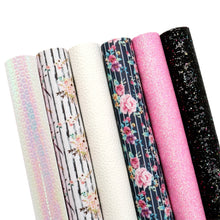 Load image into Gallery viewer, Striped Floral Glitter Vegan Leather Set – 6-Piece Faux Leather Sheets for Crafting