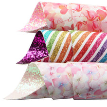 Load image into Gallery viewer, Double-Sided Flamingo & Stripes Vegan Leather Set – 3-Piece Faux Leather Sheets for Crafting