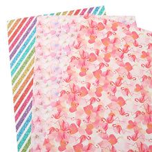 Load image into Gallery viewer, Double-Sided Flamingo & Stripes Vegan Leather Set – 3-Piece Faux Leather Sheets for Crafting