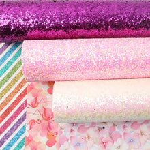 Load image into Gallery viewer, Double-Sided Flamingo & Stripes Vegan Leather Set – 3-Piece Faux Leather Sheets for Crafting