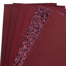 Load image into Gallery viewer, Burgundy Vegan Leather 8 pc Set – Rich Faux Leather Sheets for Luxurious Crafting