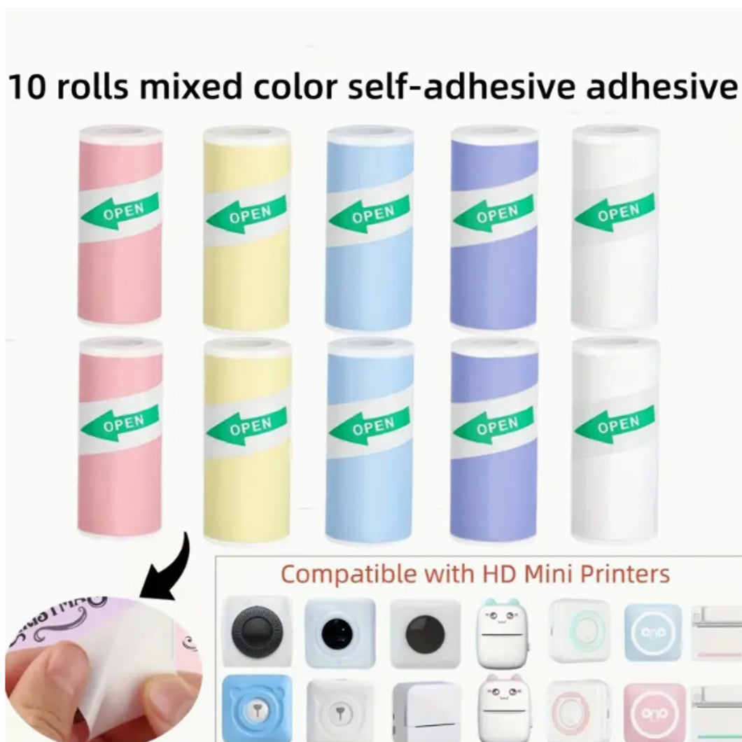 Self-Adhesive Color Thermal Printing Paper – Pack of 10 Mini Rolls for Instant Printing