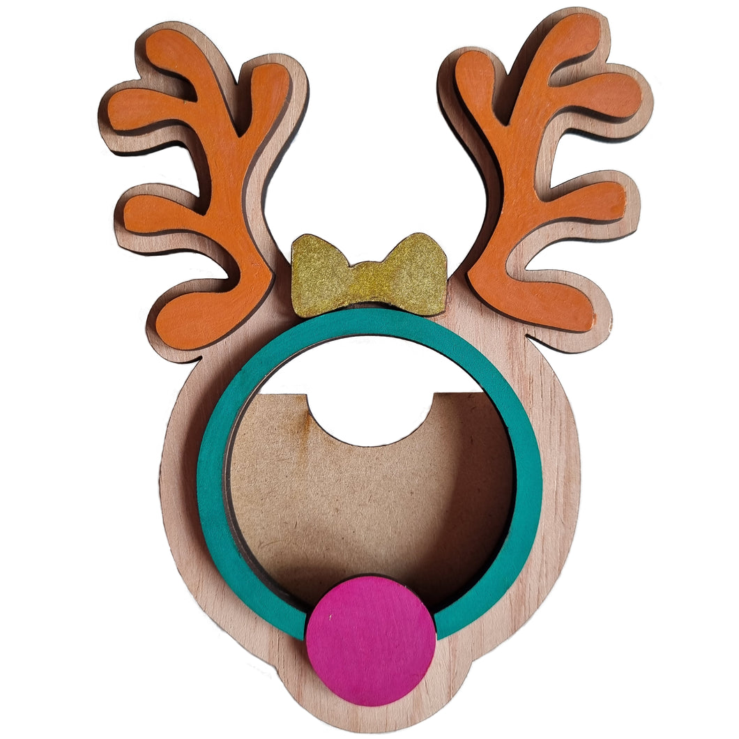 Handmade Wooden Reindeer with Bow Photo Frame with Magnets – Assembled or DIY Kit