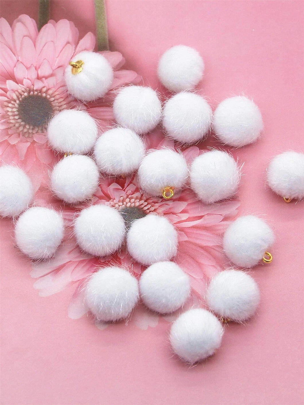 Fluffy White Button Pom Pom Charms