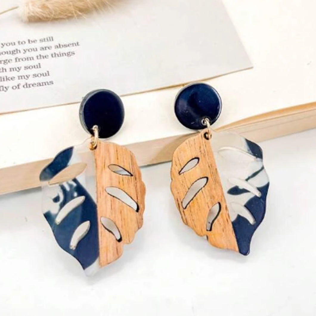 Wood & Resin Tropical Leaf Drop Earrings Earrings