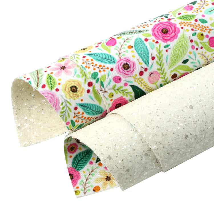 Floral & Glitter Double-Sided Vegan Leather Sheet – Faux Leather for Crafting